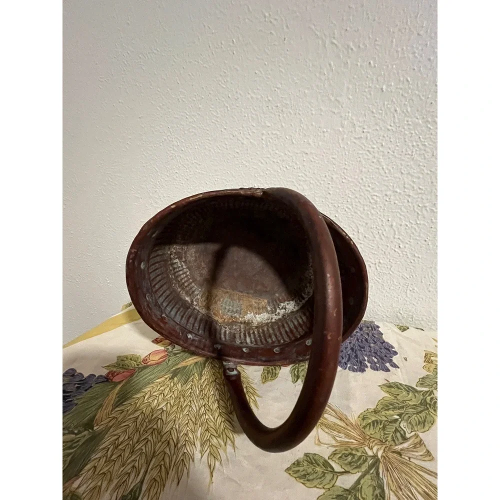 Vintage Rustic Brass Basket Planter Made in India Weathered Patina Handle